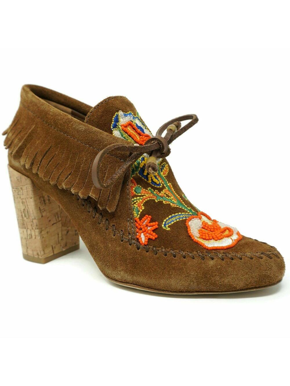 Tory Burch Womens Huntington Bootie 5 Tan Suede Embroidered Fringe Cork Heeled